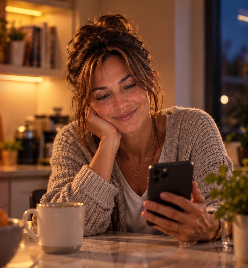 Woman at home looking at her phone